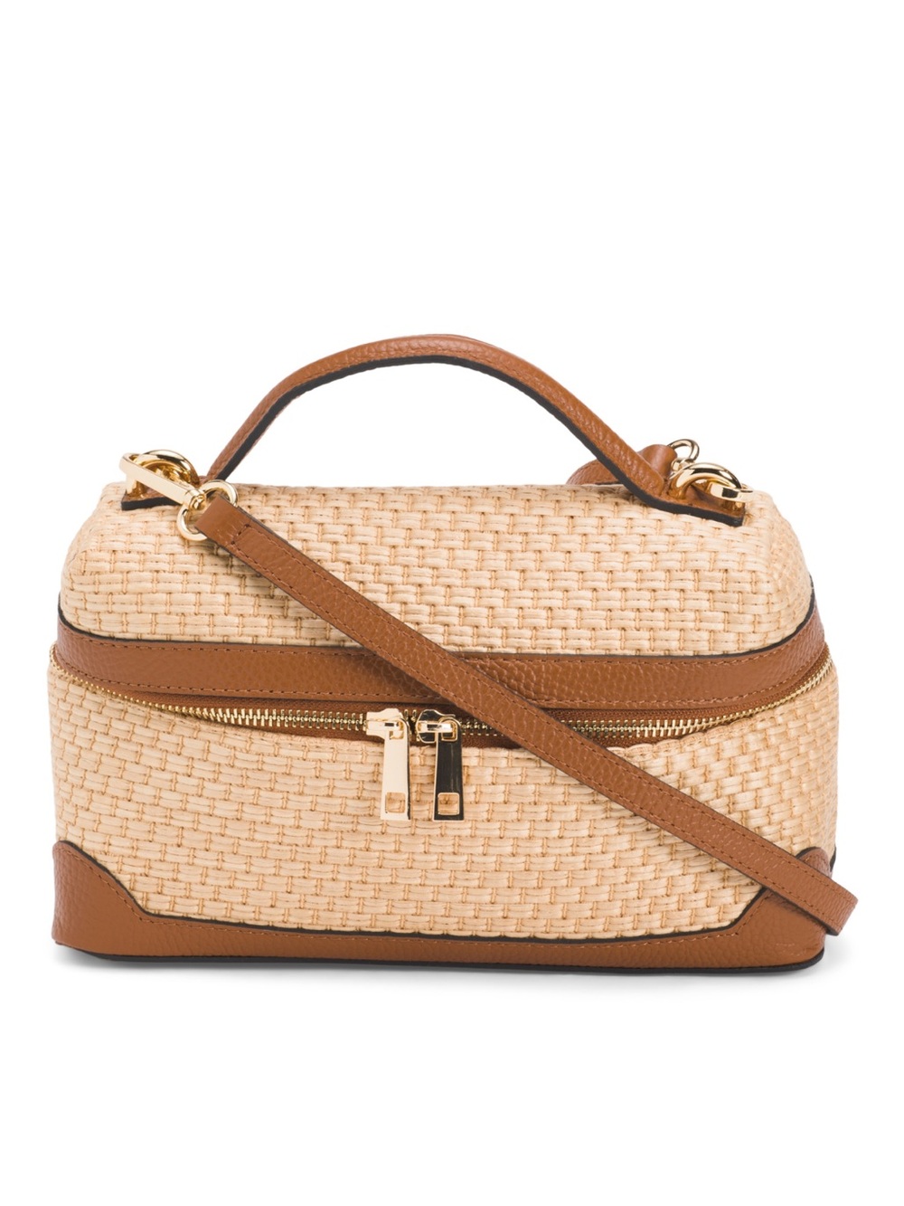 Woven Straw Crossbody Bag with Tan Leather Trim